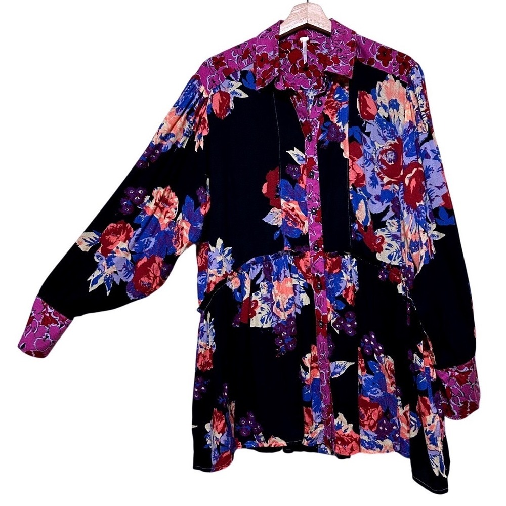 Free People Size XS Shirt Dress Oversized Floral Button Tunic Black Purple Boho